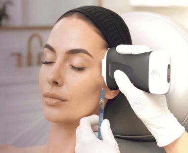 Provider using ultrasound imaging to safely guide aesthetic facial injections, visualizing facial anatomy in real time.