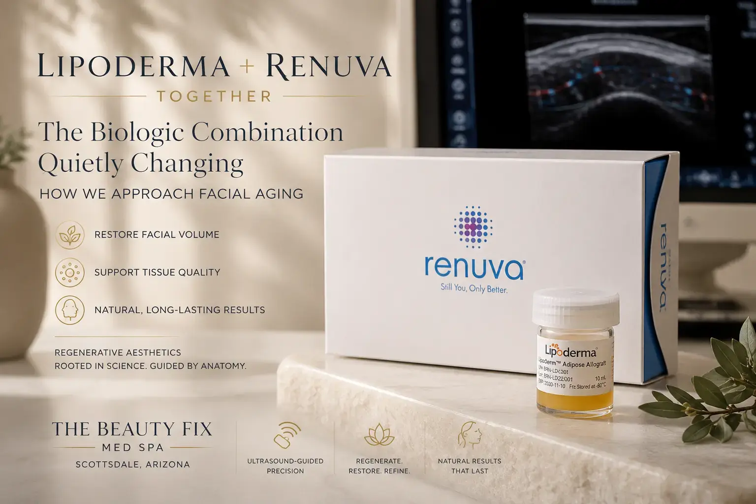 Lipoderma and Renuva biologic facial rejuvenation treatments used for facial volume restoration and regenerative aesthetics at The Beauty Fix Med Spa in Scottsdale , Arizona