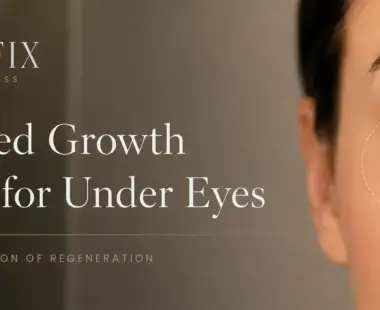 Banner for The Beauty FIX Medspa & Wellness: 'Advanced Growth Factors for Under Eyes' with a close-up of a brown eye and an emphasized under-eye area on the right side.