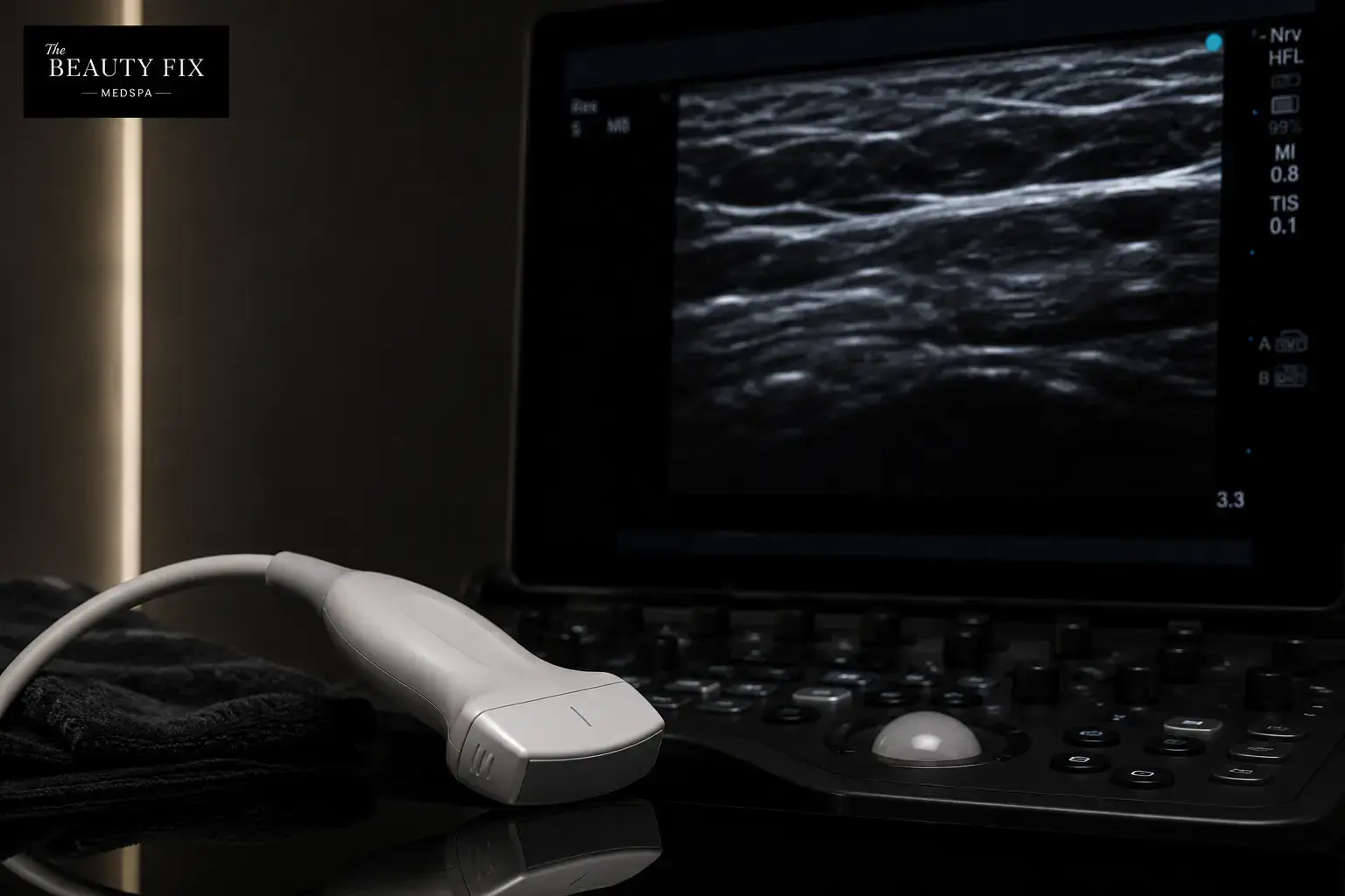 Facial ultrasound imaging used at The Beauty Fix to assess facial anatomy and injectable treatments.