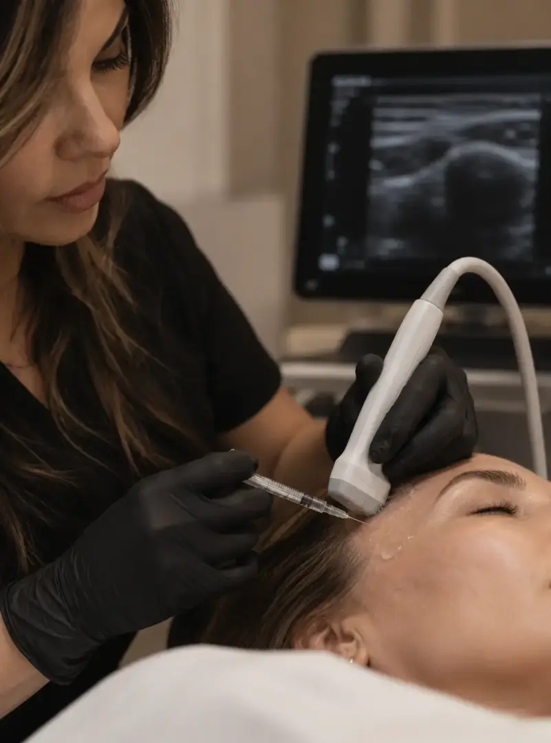 Ultrasound-guided aesthetic treatment in Scottsdale using real-time facial ultrasound to visualize anatomy and guide precise injectable placement.