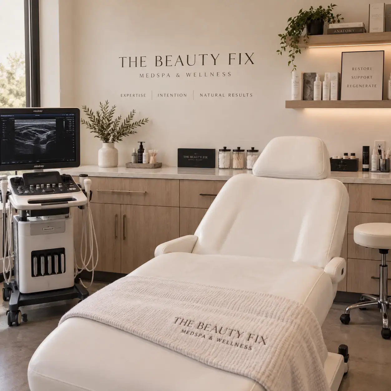 Modern treatment room at The Beauty Fix Medspa in North Scottsdale with ultrasound technology.